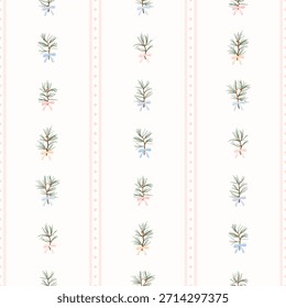 Pine tree branch with tied ribbon bow seamless pattern. Fir twigs and dotted stripes festive print on white background. Winter holiday vector illustration.