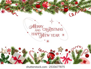 Pine tree branches border with Christmas decorations. Balls, stars, fir tree branches, gift boxes on white background. Winter holiday banner for greeting, invitation