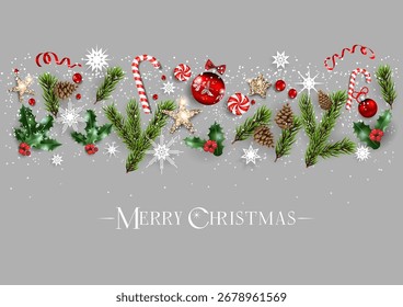Pine tree branches border with Christmas decorations. Balls, stars, fir tree branches on gray background. Winter holiday banner for greeting, invitation with place for text
