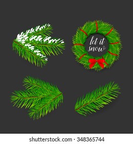 Pine tree branches for Christmas and New Year decorations 4 icons set composition banner. Christmas wreath with red bow. Realistic abstract isolated vector illustration