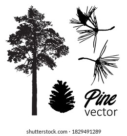 Pine tree, pine branches and cone. black silhouettes. stickers or icons set isolated on white. Cutting form. Element for a Christmas card. vector illustration. EPS10.