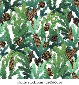 Pine tree  branches and cone. Christmas design. Vector seamless pattern