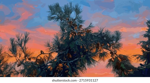 Pine tree branches with cones against a colorful sunset sky. Digital painting style illustration. Artistic nature background featuring pine needles and cones at dusk with orange and blue clouds.