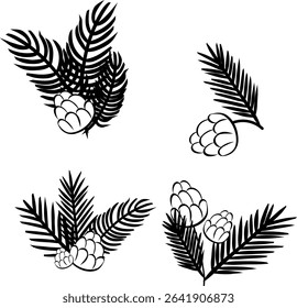 Pine tree branches with pine cones black and white set composition isolated. Vector graphic line ink illustration. For poster, flyer, banner, invitation, social media, party or sale
