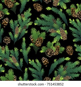 Pine tree branches and cones. Christmas design. Vector seamless pattern