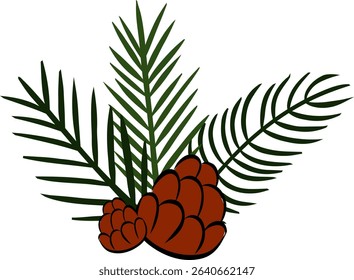 Pine tree branches with pine cones composition isolated. Vector graphic line ink illustration. Perfect for cards, decorations, stickers, logo, menu, various designs.
