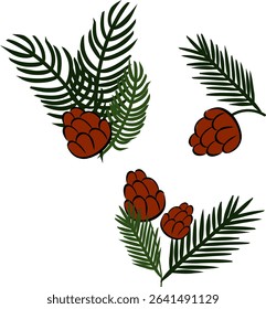 Pine tree branches with pine cones set composition isolated. Vector graphic line ink illustration. For poster, flyer, banner, invitation, social media, party or sale
