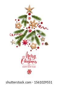 Pine tree branches, gingerbreads and stars