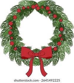 Pine tree branches with red bow and ribbons composition isolated. Vector graphic line ink illustration. Decoration for holiday banners, party posters, cards, headers, social media.
