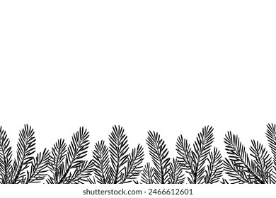 Pine tree branches seamless border silhouette isolated on white, spruce branches. Hand drawn xmas evergreen plant. Doodle Winter decor. Black and white Vector illustration