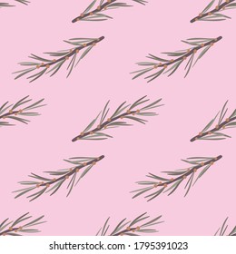 Pine tree branches seamless vector pattern on pink. Simple christmas woodland surface print design for fabrics, stationery, scrapbook paper, gift wrap, and packaging.