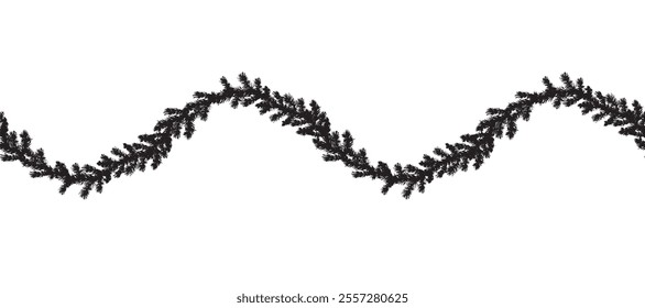 Pine tree branches. Wavy seamless border. Vector graphic illustration for Christmas or New Year design. Spruce twigs endless pattern. Winter holiday template for postcard, wallpaper, wrapping, fabric.