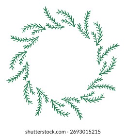 Kiefernzweigkranz. Evergreen Coniferous Vektor runden Rahmen in handgezeichnetem Stil. Botanischer Weihnachtskreisrahmen Gemütliche Vorlage für Grußkartenplakat Einladung Design