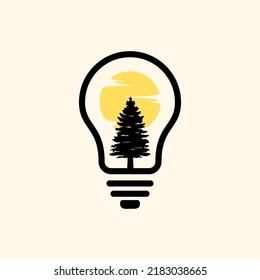 pine tree in the bulb logo design vector illustration