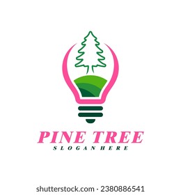 Pine Tree with Bulb logo design vector. Creative Pine Tree logo concepts template