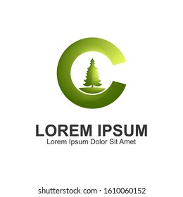 Pine Tree and C Letter. Initial Logo Template