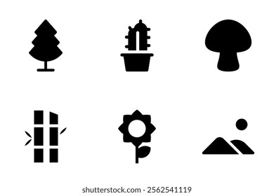 pine tree, cactus, mushroom, bamboo, sunflower, desert dunes icon set