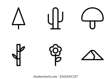 pine tree, cactus, mushroom, bamboo, sunflower, desert dunes icon set