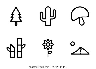 pine tree, cactus, mushroom, bamboo, sunflower, desert dunes icon set