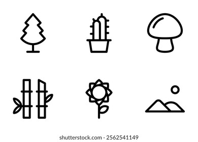 pine tree, cactus, mushroom, bamboo, sunflower, desert dunes icon set