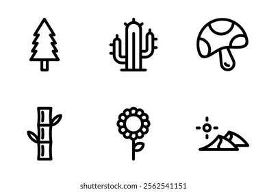 pine tree, cactus, mushroom, bamboo, sunflower, desert dunes icon set