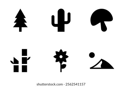 pine tree, cactus, mushroom, bamboo, sunflower, desert dunes icon set