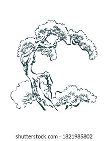 pine tree card nature landscape view vector sketch illustration japanese chinese oriental line art