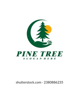Árbol de pinos con vector de diseño del logo de Care. plantilla de conceptos del logotipo de Pine Tree creativo