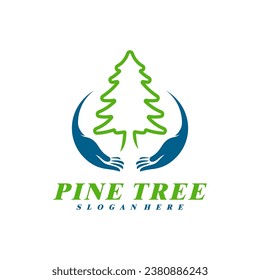 Pine Tree with Care logo design vector. Creative Pine Tree logo concepts template