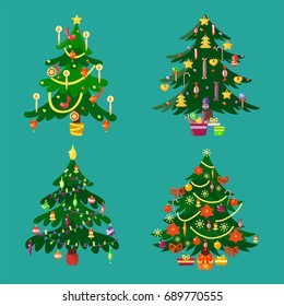 Pine tree cartoon green vector winter holiday needle leaf trunk fir plant natural design illustration