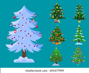 Pine tree cartoon green vector winter holiday needle leaf trunk fir plant natural design illustration