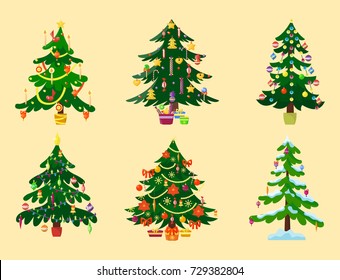 Pine tree cartoon green vector winter holiday needle leaf trunk fir plant natural design illustration