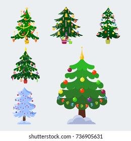 Pine tree cartoon green vector winter holiday needle leaf trunk fir plant natural design illustration