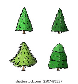 Pine Tree Cartoon Icons Collection. Hand drawn style with outline. isolated illustration