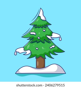Pine tree cartoon vector illustration with snow on branches. flat design cartoon for winter collections