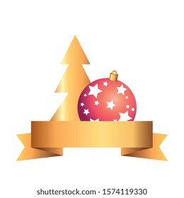 pine tree christmas with ball and ribbon vector illustration design