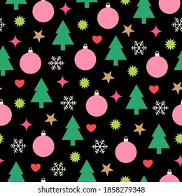 Pine tree, christmas ball, snowflake and star seamless pattern.