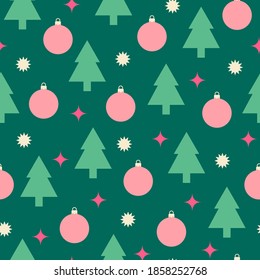 Pine tree, christmas ball and star seamless pattern.