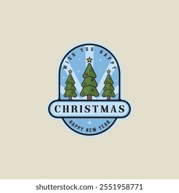 pine tree christmas emblem logo line color vector illustration template icon graphic design. xmas decoration sign or symbol for celebration a new year with badge typography style