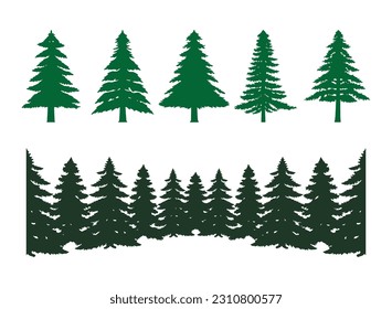 Pine tree christmas of forest silhouette clipart vector, collection set isolated on white background.