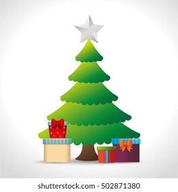 pine tree christmas gifts star white background