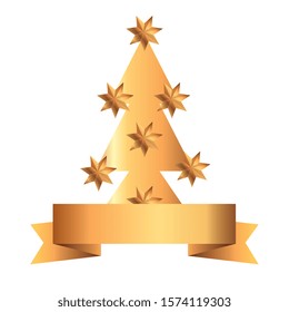pine tree christmas with stars and ribbon vector illustration design
