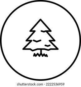Pine tree in circle black and white outline button, line icon vector illustration