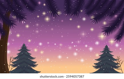 Pine Tree in Clouds Landscape with Beautiful Majestic Sky Panoramic with Twinkling Stars at Night