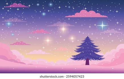 Pine Tree in Clouds Landscape with Beautiful Majestic Sky Panoramic with Twinkling Stars at Night