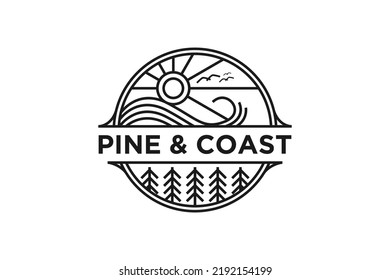 Pine tree coast beach logo design line style emblem badge