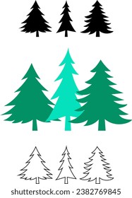 pine tree collection icon pack in solid black flat style icon, colored icon, and outline style icon.