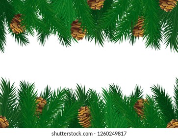 Pine tree cones on green spruce branches vector frame isolated. Fir elements of evergreen tree, decorative Christmas border with place for text, realistic design