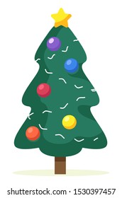 Pine tree decorated for Christmas celebration. Winter holidays and new year symbol. Fir with baubles and garlands. Spruce with decorative shining star on top. Wintertime events preparation vector