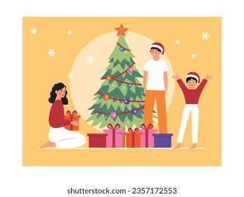 Decoración de pinos con luces y estrellas, ropa familiar de Navidad y sombreros con madre, padre e hija. Diseño de caracteres. Ilustración plana del vector